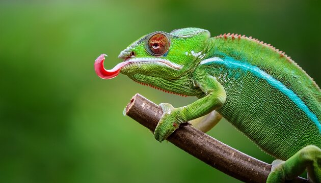 a bright green chameleon perches on a branch extending its red tongue against a vivid green background its intricate scales curled tail and striking colors create a captivating and surreal visual