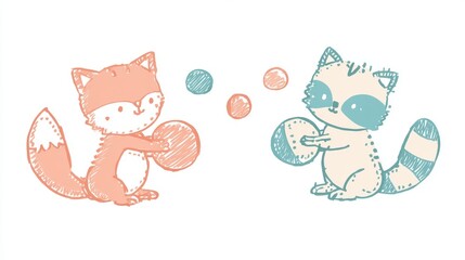 Obraz premium Cartoon fox and raccoon playing with ball, pastel colors and rounded shapes, cheerful child-friendly book style illustration.