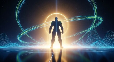 A powerful, heroic silhouette stands before a radiant golden ring amidst swirling blue and green futuristic energy.