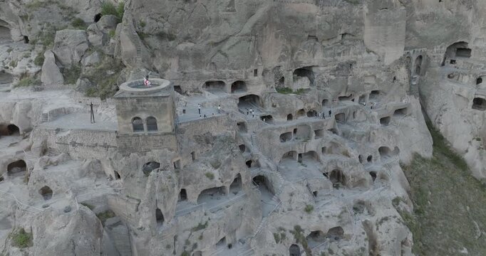 Aerial view of the ancient cave monastery of Vardzia carved into the Erusheti Mountain, a testament to history, Gogasheni, Samtskhe-Javakheti, Georgia.
