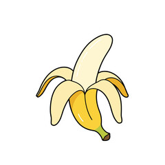 Banana icon set isolated vector illustration. Peel bananas, yellow fruit and a bunch of bananas. Tropical fruits, banana snacks or vegetarian nutrition.