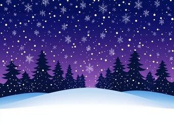 Winter Wonderland Landscape with Snowflakes and Pine Trees