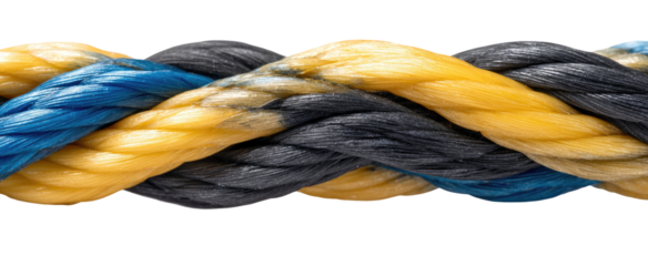 Close-up of a braided rope in blue, yellow, and dark gray/black colors