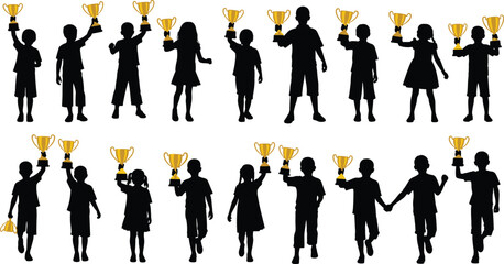 Black silhouette children holding golden trophies, celebration of achievement, success, competition, victory, award ceremony, and recognition vector illustration for design projects