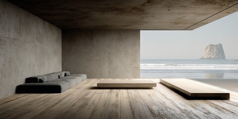 A minimalist concrete coastal living room, showcasing a modern sectional sofa, a large expanse of windows with ocean views, and a light-toned wooden floor.