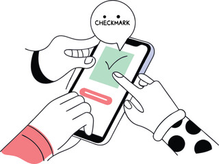 Hands interacting with mobile phone checkmark screen