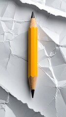 A bright yellow pencil stands upright against a textured background of crumpled white paper.