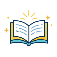Illustration of an open book with sparkling stars, representing knowledge, learning, and the joy of reading