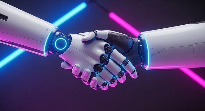Robotic partnership futuristic handshake with neon lights symbolizing ai collaboration and technology