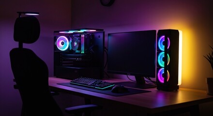 Computer setup with RGB lighting.  Dark room, wooden desk, PC components, and chair