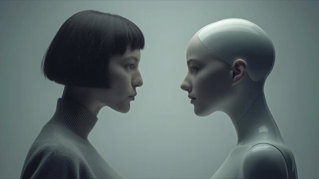 人間とアンドロイドが対峙する未来的なシーン「生成AI」