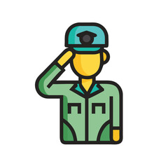 Illustration of a soldier in uniform saluting, , representing military service, honor, and patriotism in a simple design