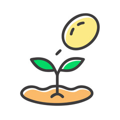 Illustration of a plant sprouting from the soil with a seed above, representing growth, agriculture, and nature
