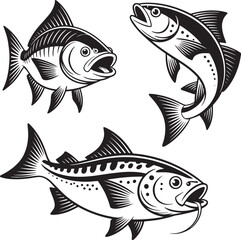Fototapeta premium Stylized black and white illustrations of three fish seafood drawing