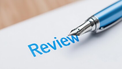 Obraz premium Elegant Pen Resting on Paper with the Word Review in Bold Blue