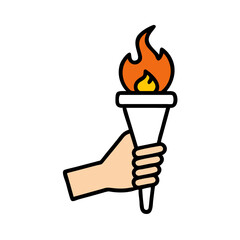 Illustration of a hand holding a torch with a bright flame, symbolizing victory, competition, and the spirit of the olympic games