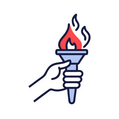 Illustration of a hand holding a torch with a bright flame, symbolizing victory, competition, and the spirit of the olympic games