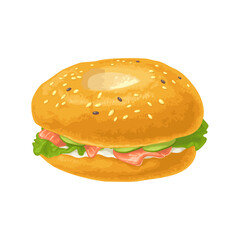 Bagel with salmon, lettuce, cheese, cucumber. Vector color realistic illustration. Isolated on white background. Hand drawn design element icon