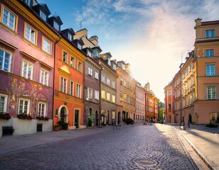 Obraz premium charming historical street with colorful buildings in afternoon sunlight warsaw poland