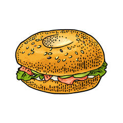 Bagel with salmon, lettuce, cheese, cucumber. Vector color hand drawn vintage engraving illustration for for poster, menus, brochure, web. Isolated on the white background.