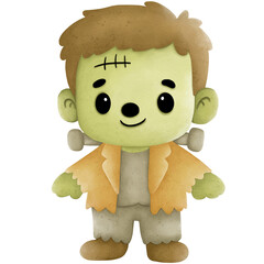 Transparent background image, zombie, Frankenstein watercolor style for Halloween theme decoration.