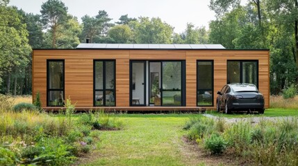 Modern wooden house with solar panels in serene natural setting