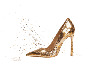 Elegant gold sequined high heel shoe with a dynamic splash of water against a stark black background
