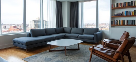 Modern Living Room with City View and Stylish Furniture Arrangement