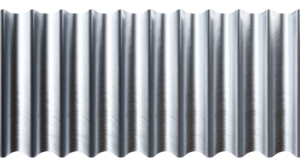 Close-up of metallic corrugated iron sheet with repeating ridges and troughs providing texture and pattern transparent background