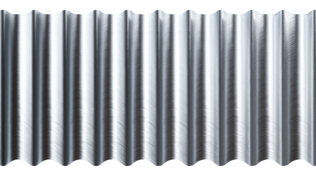 Close-up of metallic corrugated iron sheet with repeating ridges and troughs providing texture and pattern transparent background