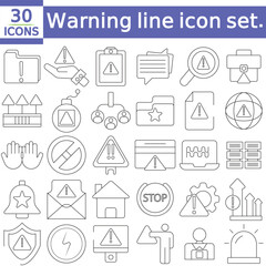  Warning line icon set. Contains icons related to Alert, caution, danger, error, and more. Linear icon collection.