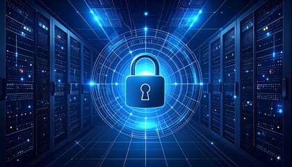 A digital illustration of a secure server room with a central lock graphic.