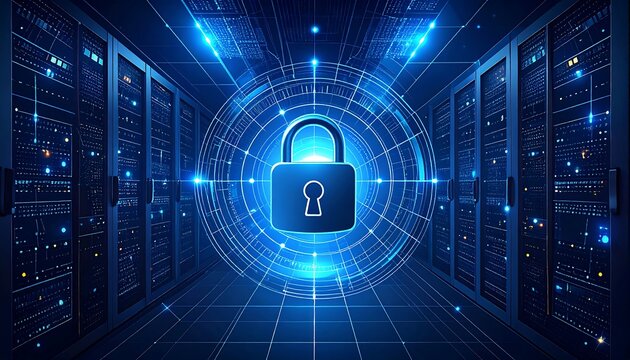 A digital illustration of a secure server room with a central lock graphic.