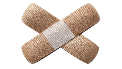 Two light beige adhesive bandages crossed in an X shape over a white background