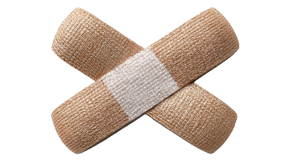 Two light beige adhesive bandages crossed in an X shape over a white background