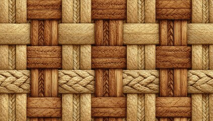 Close-up view of a woven pattern, featuring light and dark brown wood sections interwoven with beige/cream colored cord or rope.  A repeating grid of intersecting elements creates a textured surface