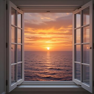 Fototapeta Ocean Sunset Viewed from a Window: A Breathtaking Orange Sunset and Seascape Seen Through a Wide-Open White Window Frame