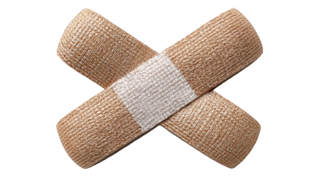Two light beige adhesive bandages crossed in an X shape over a white background