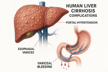Human Liver Cirrhosis Complications Illustration: Portal Hypertension and Esophageal Varices, Medical Illustration