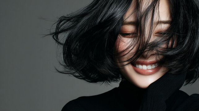 An elegant female with glossy beautiful black medium bob hair. Best use for advertisement for hair salon,  hair care and beauty products such as shampoo and treatment.