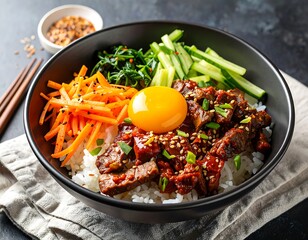A vibrant bowl of bibimbap, featuring seasoned beef, rice, vibrant vegetables, and a soft yolk, showcases a colorful and flavorful Asian meal.