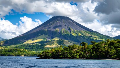 Fototapeta premium Majestic volcano overlooks lush tropical island landscape, a tranquil scene of nature's grandeur.