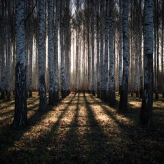 Obraz premium Sunlight filtering through birch trees (2)