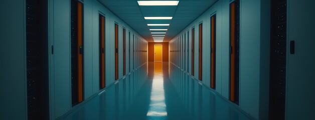 Naklejka premium Futuristic Data Center Corridor with Bright Doorway at Dusk