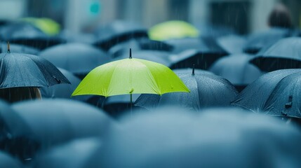 Bright Green Umbrella Among Black Umbrellas in Rainy City Scene