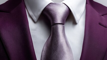 Sophisticated Elegance: A close-up shot showcasing a purple suit, pristine white shirt, and a meticulously knotted tie, the image exudes class and refinement.