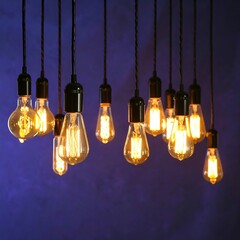 Warm light bulbs hanging from dark cords against a purple background