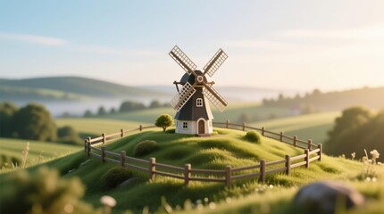 Obraz premium Miniature windmill nestled in grassy hilltop, surrounded by fields and trees under a serene sunrise sky