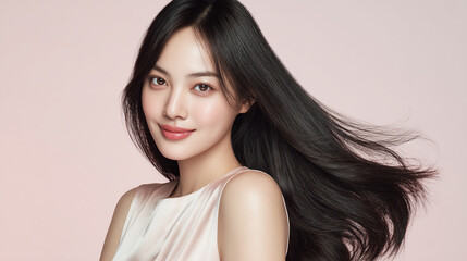 Naklejka premium An elegant female with glossy beautiful black long hair. Best use for advertisement for hair salon, hair care and beauty products such as shampoo and treatment.