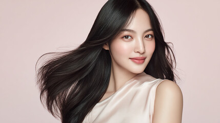 An elegant female with glossy beautiful black long  hair. Best use for advertisement for hair salon,  hair care and beauty products such as shampoo and treatment.